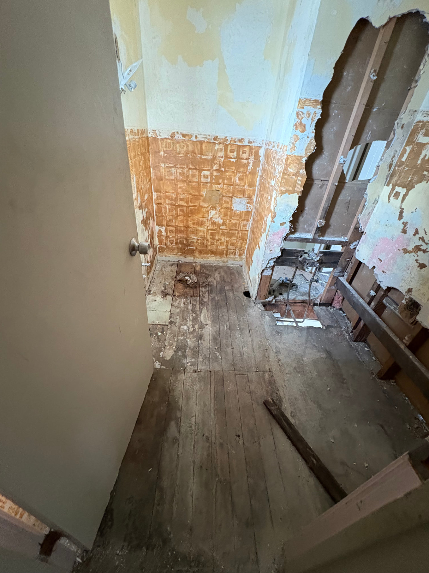 Bathroom stripped down to studs with exposed subfloor, torn drywall, and old fixtures removed before complete remodel
