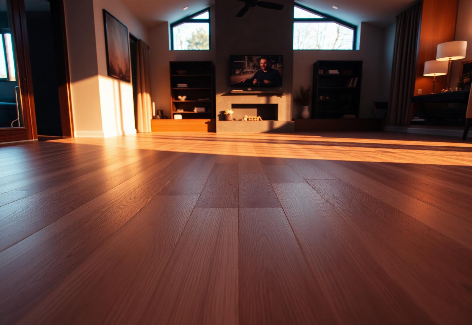 Freshly installed wide-plank vinyl flooring in a sunlit living room
